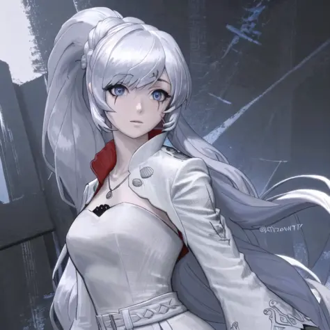 masterpiece, highres, screen shot, best quality, 1girl, (scar on left eye), <lora:Weiss Schnee:0.9>, white cropped jacket, highl...