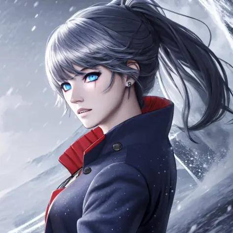 masterpiece, highres, best quality, 1girl, left side profile, (scar on left eye), hyper detailed eyes, [WeissSchneeFull:0.8], snowstorm background, cropped jacket, highly detailed, rule of thirds, jewelry, long hair, bangs, hair between eyes