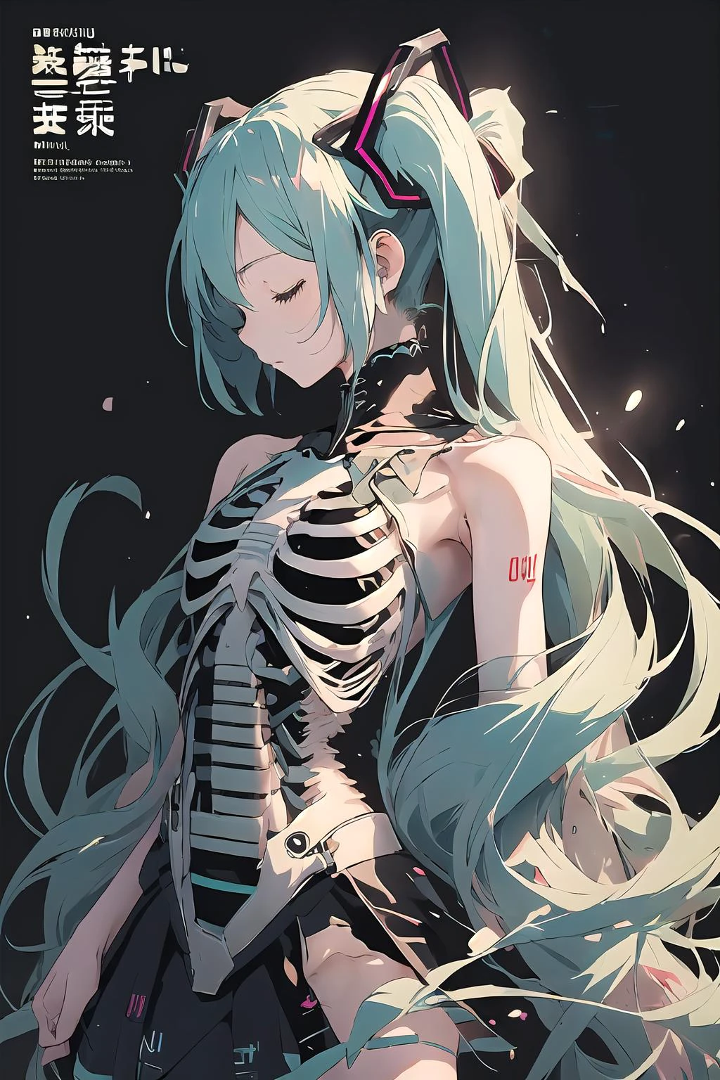 (Texthintergrund, Album-Cover, japanischer Text:1.2),(Hatsune_miku:1.2),1 Mädchen, flechten, Allein, geschlossene Augen,  lange Haare, Schleife, Schwarzer Hintergrund,  einfacher Hintergrund, Wirbelsäule, Rippen, Schnur, Kleid,  Skelett, Rock, (Schnur of fate), nackten Schultern, black Rock,Skelett, Skelett style, Schwarzlicht,Nekromantie,(Brustkorb),