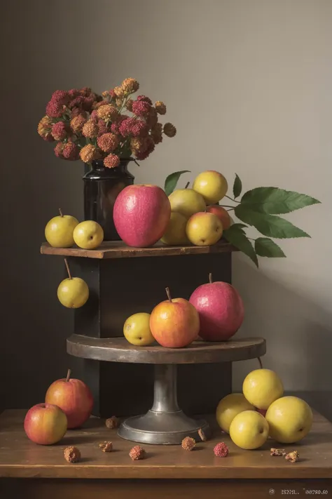 there are apples and flowers on a table with a vase