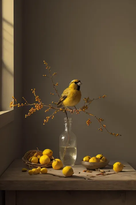 there is a bird sitting on a branch of a tree with lemons