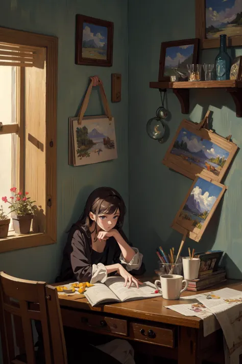 there is a woman sitting at a table reading a book