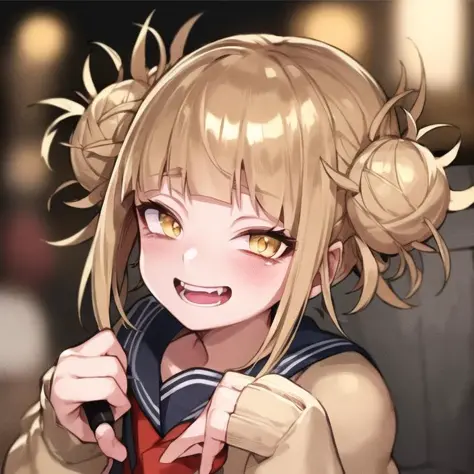 Masterpiece, best quality, 1girl, detailed face, <lora:togaHimikoTILora_togahimikolora:1>, toga himiko, yellow eyes, light from behind, super detailed, grocery store, cinematic lightning, happy, (close-up), looking at viewer