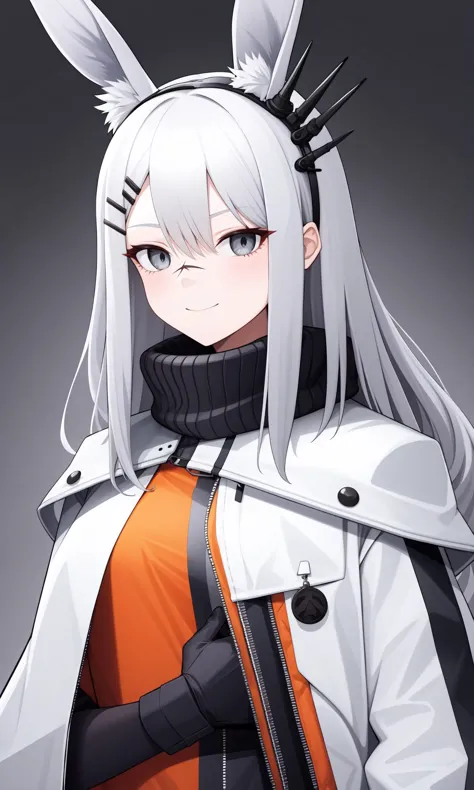 frostnova,1girl,solo,rabbit ears,gloves,animal ears,grey eyes,grey hair,black gloves,hair ornament,scar,long hair,upper body,scar on face,looking at viewer,hairclip,coat,white coat,sweater,smile,scar on nose,bangs,hairband,closed mouth,<lora:éæ-000011:1>,, 1girl,
,  (masterpiece,best quality:1.2),absurdres