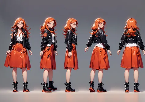 Back view,front view,side view,multiple view,concept art,hand drawing,modern clothing design,1girl,long hair,black footwear,multiple views,boots,orange hair,jacket,gradient,belt,gradient background,long sleeves,glasses,white jacket,looking at viewer,standing,skirt,dress,plaid,grey background,open clothes,full body,open jacket,bow,smile,jewelry,red skirt,