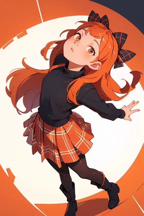 masterpiece,best quality,1girl,solo,long hair,skirt,pantyhose,boots,plaid,orange hair,plaid skirt,hair bow,looking up ,  <lora:g...