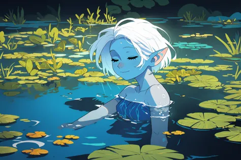 elf with  (white hair)  (short hair), (closed eyes), ((submerged)), ((floating in pond )), water ripples, tindell effect     <lo...