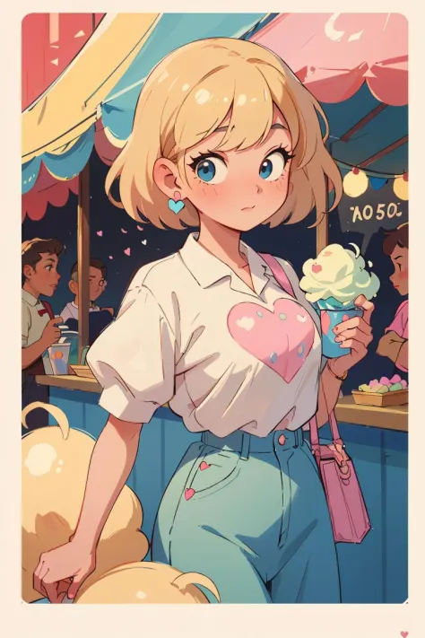 ((masterpiece)),illustrations,a beautiful woman holding cotton candy at a carnival in the shape of a heart,polaroid,high quality...