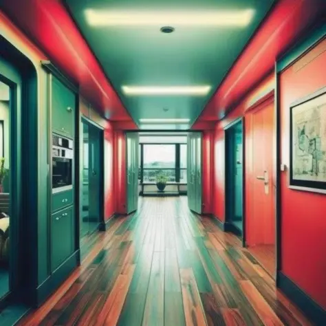 photo (ColonyCorridor:1) (Siliconpunk:1) House interior, wooden floors, 1990's decor, vibrant colors