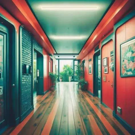 photo (ColonyCorridor:1) (Siliconpunk:1) House interior, wooden floors, 1990's decor, vibrant colors