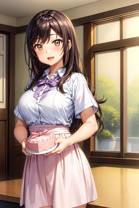 anime girl in a short skirt holding a cake in a room