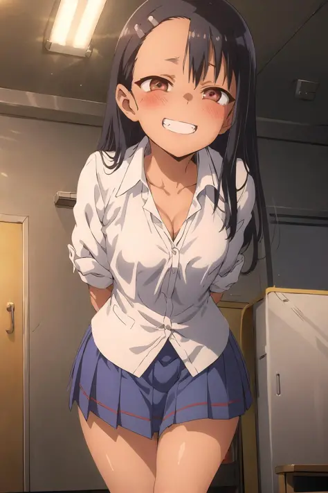 <lora:nagatoro hayaseV1:0.8>, nagatoro hayase, blue skirt, cleavage, small breasts, (from below:1.2), bent over, grin, blush, best quality, masterpiece, perfect lighting, arms behind back,