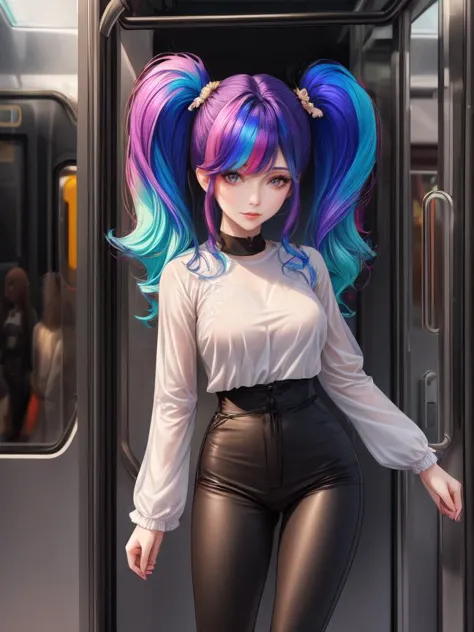 beautiful woman with rainbow gradient hair (mega twintails) <lora:mega_twintails-2.0:0.8>,
8k, masterpiece, highly detailed, solo,
(Metro City),
boom shot,
dancing,
depressed,
leggings with a tunic top