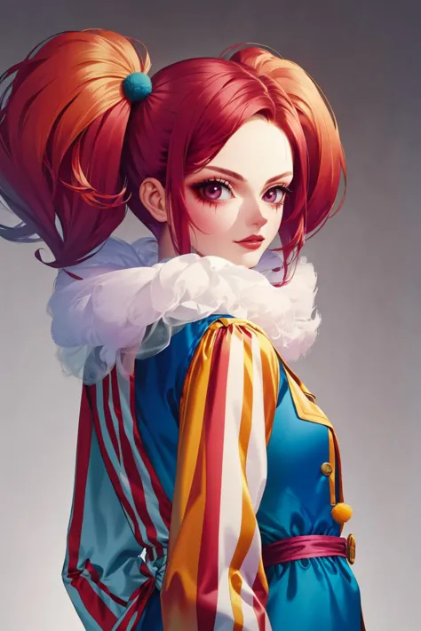 a woman with red hair and a clown costume is posing