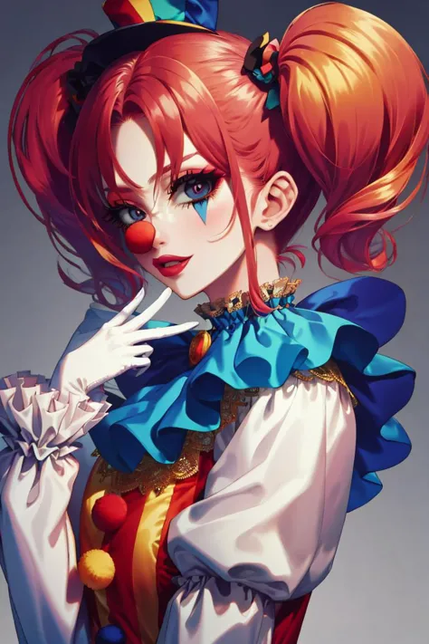 <lora:mega_twintails-2.0:0.8>,mega twintails,<lora:ClownFashion:1.1>, ClownFashion,