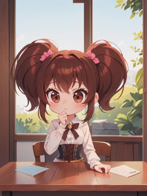 adorable chibi girl with brown hair (mega twintails) <lora:mega_twintails-2.0:0.8>,
8k, masterpiece, highly detailed, solo,
University,
long shot,
one hand on chin looking contemplative,
anxious,
corset
