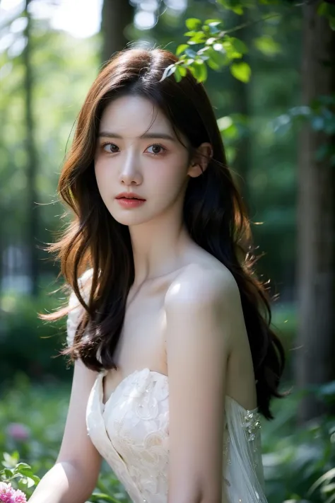 (realistic), (hyperrealism),best quality, masterpiece,ultra high res, (photorealistic:1.4),1girl,pale skin,skinny,(looking at viewer:2), <lora:add_detail:0.6>,forest, flowers, sunlight,
<lora:makina69_yoona_v1.0:1>   , (tattered) wedding dress , bare shoul...