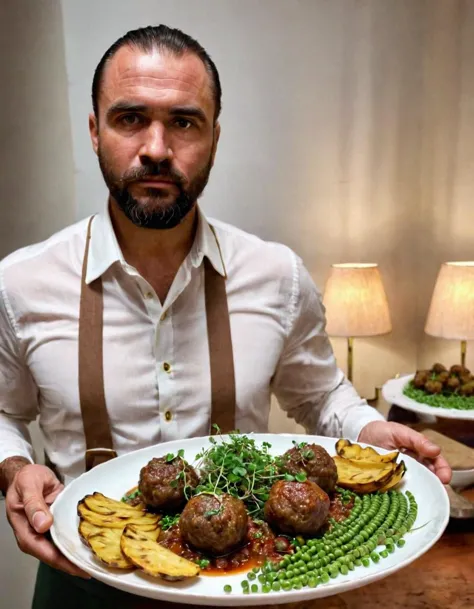 iphone photo a Comoran man carries a dinner of meatballs with a microgreens garnish, fried plantain and peas on a plate on a platter with a (annoyed:1.2) expression, sharp background, clearly defined facial features, perfect hands . large depth of field, deep depth of field, highly detailed, a Comoran man carries a dinner of meatballs with a microgreens garnish, fried plantain and peas on a plate on a platter with a (annoyed:1.2) expression, sharp background, clearly defined facial features, perfect hands, elegant, highly detailed, dramatic cinematic light, shining atmosphere, professional, great composition, creative, positive