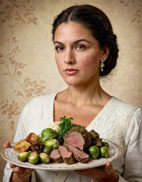 iphone photo a Métis woman carries a dinner of mutton with a croutons garnish, mash and Brussels sprouts on a plate on a platter with a (shy:1.2) expression, sharp background, clearly defined facial features, perfect hands . large depth of field, deep depth of field, highly detailed, a Métis woman carries a dinner of mutton with a croutons garnish, mash and Brussels sprouts on a plate on a platter with a (shy:1.2) expression, sharp background, clearly defined facial features, perfect hands, extremely fine detail, elegant, cinematic, highly detailed, complex, stunning, magical atmosphere, professional, winning