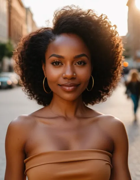 a (medium skinned melanin:1.4) woman walks through the city with a gentle smile, sharp background, smooth skin, a (medium skinne...