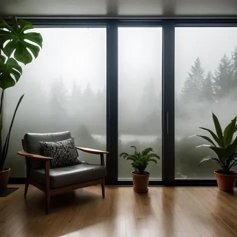 midcentury modern living room dimly lit with dark rainy evening outside, (foggy rainy evening:1.2), pacific northwest, (dim ligh...
