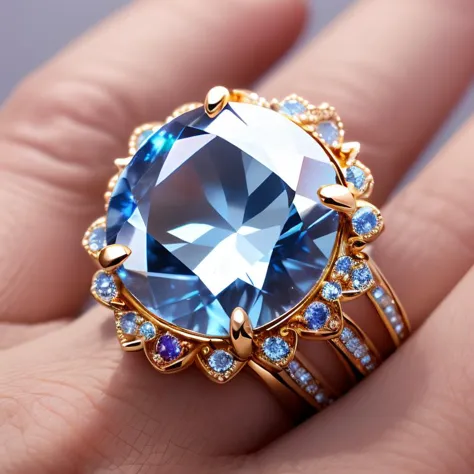 a close up of a person's hand holding a ring with a blue topaz