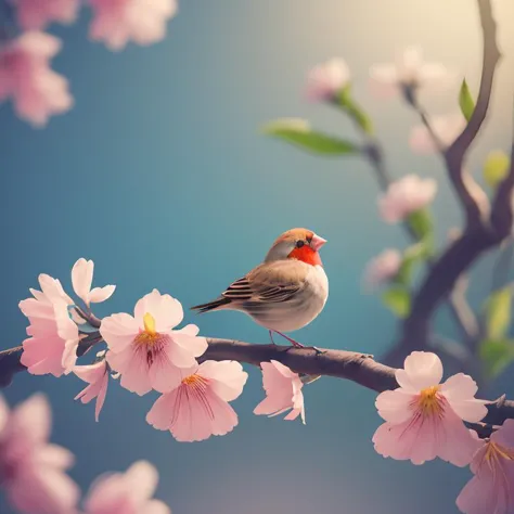 a tiny finch on a branch with (spring flowers on background:1.0), aesthetically inspired by Evelyn De Morgan, art by Bill Sienki...