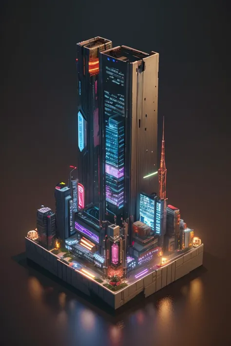 a low polygonal city with skyscrapers and neon lights