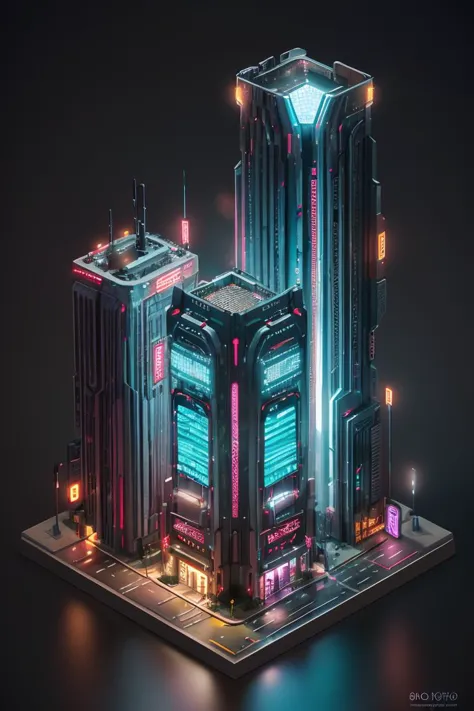 a low polygonal city with a neon light at night