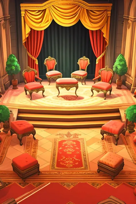 a close up of a stage with a red carpet and chairs