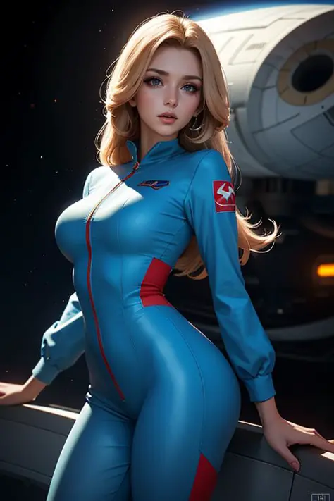 3/4 shot of a beautiful woman in polyester jumpsuit, , space ship deck background, [big breasts:0.7], muted color, cinematic, gr...