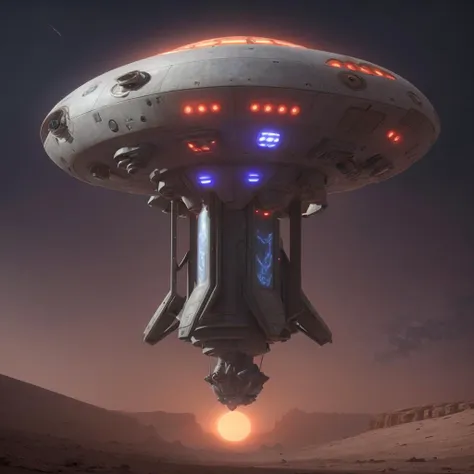 a futuristic spaceship flying over a desert area with a sunset