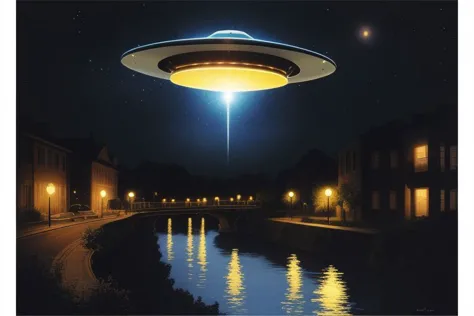 album cover, concept art, 1970s (style), ufo above a river at night