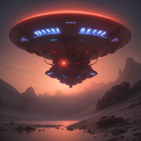 a futuristic spaceship flying over a mountain range with a lake