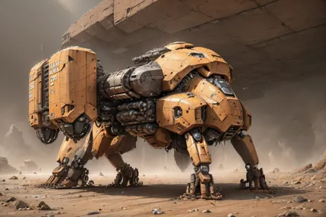 a large robot dog standing in the middle of a desert