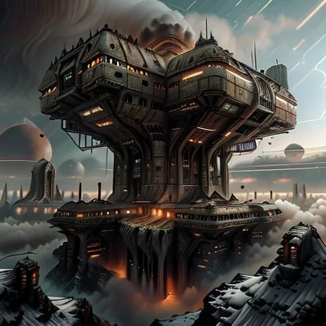 Background: The Fortress of Despair, Government Building of the Empire, Brutalist style with terraces, reverse cone form, a waterfall flowing from top to bottom amidst the building, a central smoking chimney, Foreground: a nomad caravan heading to the fortress, ufos in the sky around,, twilight, ground fog, cinematic