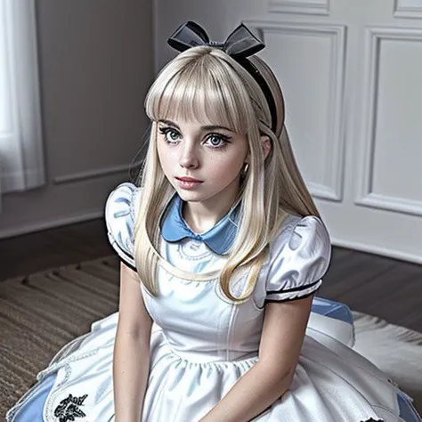 E girl, Adult woman, 20 year old, solo, high quality,aliceinwonderlandoutfit, Alice in wonderland, DisneyAlice, full body, bleach blond hair, straight bangs, concave bangs, brown eyebrows, thick eye brows, gray eyes, medium breasts, blue dress, puffy sleeves, white collar, white apron, black headband, black hair bow, white thigh highs, black loafers, sitting on ground,semi-traditional artstyle,film grain