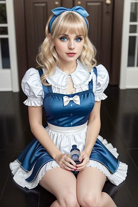 Alice taking a sip from a small bottle, sipping, small bottle, mature female, Adult woman, sexy, 30 year old, solo, high quality,aliceinwonderlandoutfit, Alice in wonderland, DisneyAlice, full body, bleach blond hair, straight bangs, concave bangs, brown eyebrows, thick eye brows, gray eyes, medium breasts, blue dress, puffy sleeves, white collar, white apron, black headband, black hair bow, white thigh highs, black loafers, sitting on ground,film grain, vivid colors