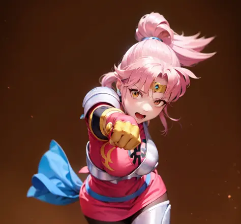 (masterpiece, best quality:1.1), (open mouth, straight-on, punching, leaning forward:1.1), maam, dragon quest, 1girl, circlet, solo, large breasts, pink hair, yellow eyes, parted bang, high ponytail, gloves, pink shirt, (light pink breast plate, light pink...