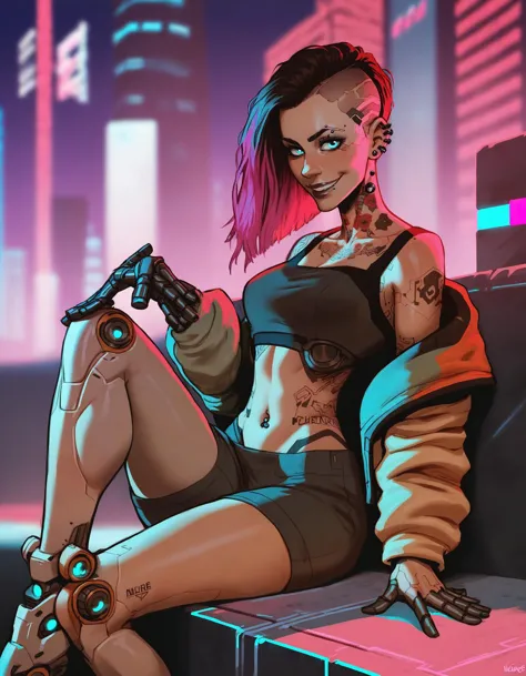 1girl, female, solo,
cyberpunk, cyborg, cybernetic implants, science fiction,
multicolored hair, looking at viewer, smile, piercings, tattoo,
sitting, dangling legs, overlooking city, cityscape, night city, neon lights, blurred background, midriff,
BREAK
score_9, score_8_up, score_7_up, source_cartoon, rating_safe
<lora:incase_style_v3-1_ponyxl_ilff:1>