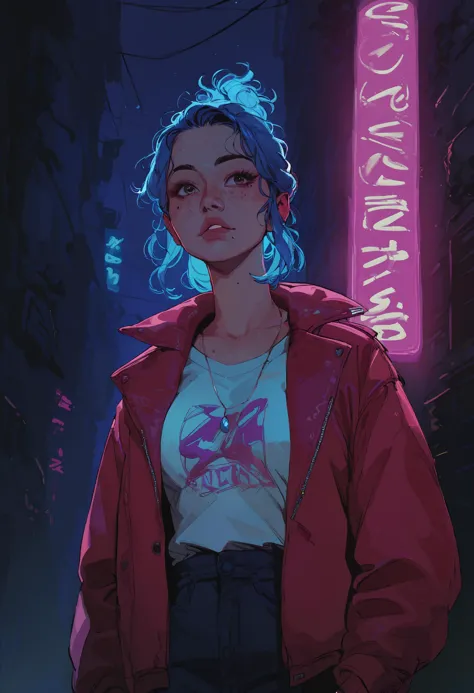 score_9, score_8_up, score_7_up,
1girl, 20 years old ,
cute, freckles ,beauty mark ,  blue hair
, updo hair, sidelocks, jacket, medium breasts, alley, neon, japanese neon signs, ((pink, blue, vibrant)), night
<lora:D4rC0mXLP:1> D4rC0m
<lora:sinfully_stylish_SDKL:0.8>
<lora:incase_v14:0.5>