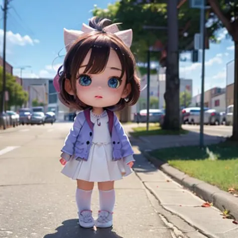 a close up of a doll on a sidewalk near a street