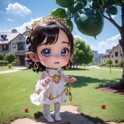 anime girl with a crown and a necklace standing in front of a tree