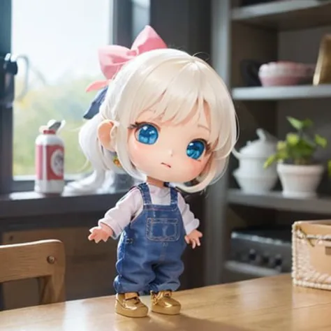 a close up of a doll on a table near a window