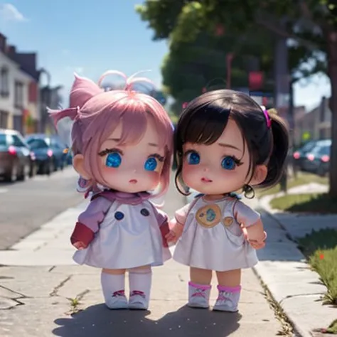 two dolls are standing on the sidewalk next to a street