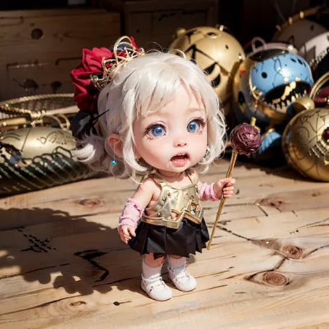 Big head doll,big head, small body, Mini Body,top-heavy,cute,Doll Body,Short hands, short feet,Short legs,
(masterpiece:1.331), best quality,stitches,Big head doll, big head, small body, cute,Doll Body,Empty-handed,No items in hand,No object in front of you,
(A girl), (Solo)
(White dress), (Grey pleated skirt), (Uniform), (School uniform), (Knee-high socks), (White shoes),
(Golden eyes), (Golden pupils), (Golden irises), (Eyes shining in golden light)
(Big smile), (Happy), (Baby teeth),(canines:1.2),(lollipop),
(Red rose headpiece), (Exquisite makeup), (Blush), (Earrings),
Flowers, Grass field