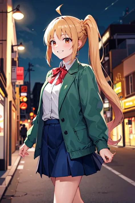 masterpiece, best quality, highres, in1, side ponytail, long hair, ahoge, white shirt, school uniform, blue skirt, long sleeves, red bow, white socks, green jacket, <lora:ijichi_nijika_1:0.7>, cowboy shot, standing, smile, night, street