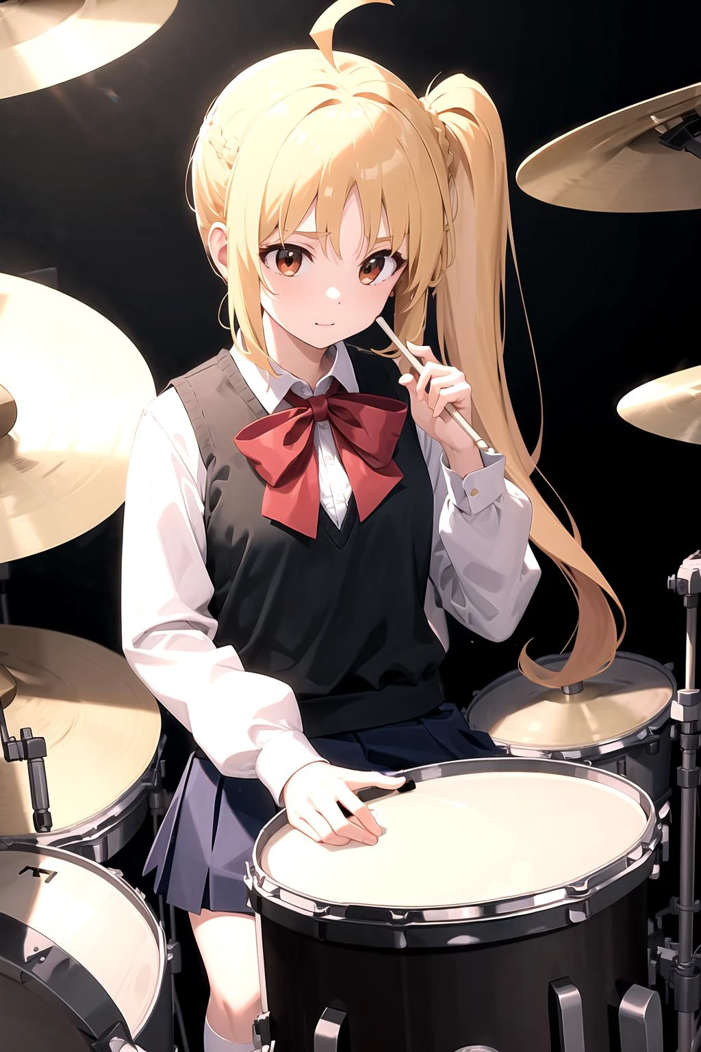 Anime girl with long blonde hair playing drums in front of a drum kit -  SeaArt AI