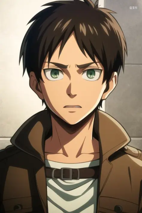 masterpiece, best quality, high quality, 1boy, solo, male focus, looking at viewer, upper body, <lora:eren_yeager:0.80>, eren_yeager, brown hair, green eyes, jacket, <lora:animemix_v3_offset:0.30>