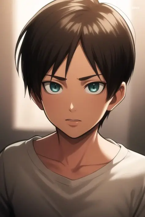masterpiece, best quality, high quality, 1boy, solo, male focus, looking at viewer, upper body, <lora:eren_yeager:0.70>, eren_yeager,